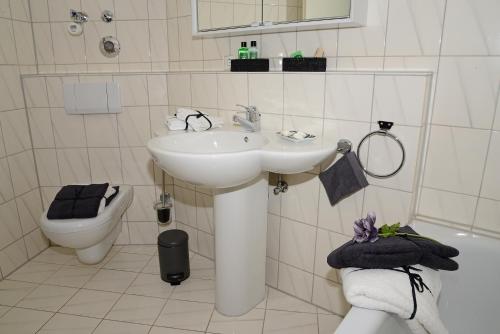 ザスバッハヴァルデンにあるResidence am Weinberg / Travellers Hotelbetriebs GmbHの白いバスルーム(洗面台、トイレ付)
