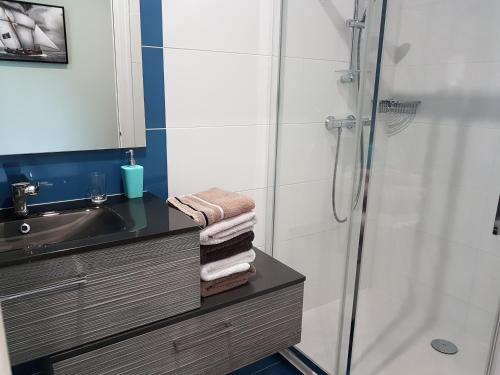 uma casa de banho com um lavatório e um chuveiro com toalhas em Chambres d'Hôtes l'Hermine em Val Couesnon