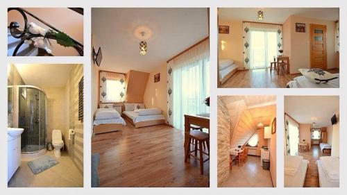 a collage of four pictures of a hotel room at Willa Tatra House in Zakopane