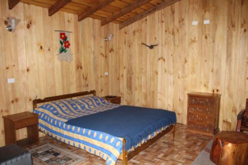 a bedroom with a bed and wood paneled walls at Apart hotel Puchaley Lafquen in Panguipulli