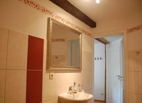 a bathroom with a sink and a mirror at Hotel & Café Mohrenbrunnen in Eisenberg