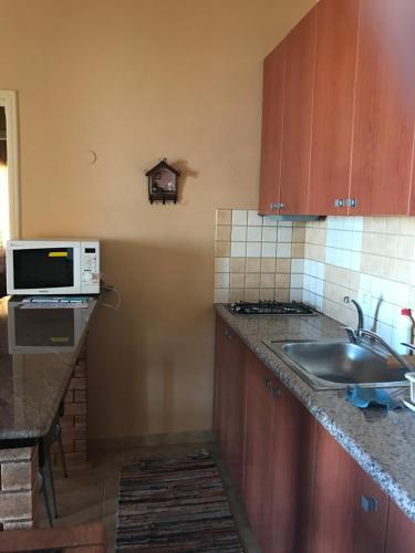 a kitchen with a sink and a microwave at Stone Chalets in Fārayyā