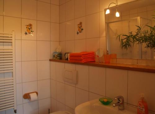y baño con lavabo y espejo. en Ferienwohnung Berweiler, en Schweich