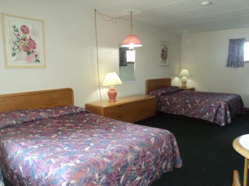 um quarto de hotel com duas camas e duas lâmpadas em Oasis Motel by The Falls em Cataratas do Niágara