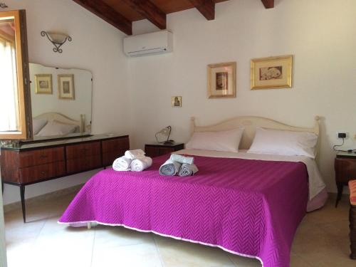 een slaapkamer met een bed met een roze deken en een spiegel bij S'umbra de S'ozzastru in Orgosolo