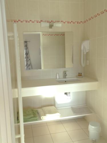 une salle de bain blanche avec un lavabo et un miroir dans l'établissement Domaine de la Guignardière, à Viévy-le-Rayé