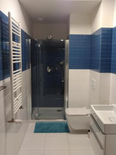 シャノジェンティにあるApartament niebieski w kompleksie 5 Morzのバスルーム(シャワー、トイレ、シンク付)