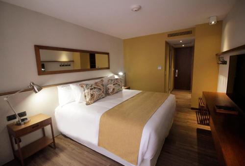 a hotel room with a large bed and a mirror at Cottage Puerto Buceo in Montevideo