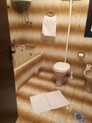 uma casa de banho com um WC, uma banheira e um lavatório. em Rooms Ana em Kotor