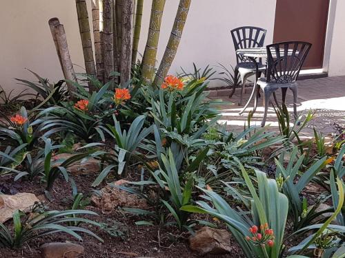 a garden with two chairs and orange flowers at Marlot Guest House in Polokwane