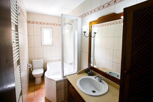 bagno con lavandino, servizi igienici e specchio di Casa Heidi a Cala Santanyi
