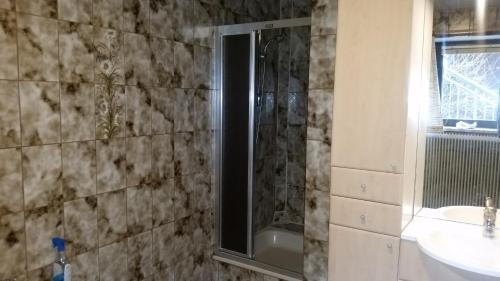 a bathroom with a shower and a sink at Ferienhaus Karin in Bruck an der Großglocknerstraße