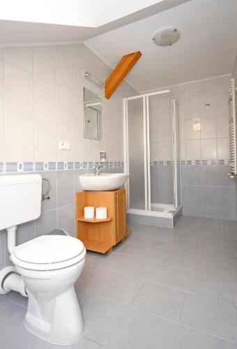 a bathroom with a toilet and a sink and a shower at Diófa Panzió in Villány
