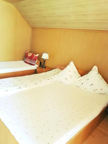 a bedroom with two beds and a lamp on a table at Pensiunea Vasilescu in Horezu