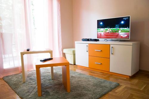 ein Wohnzimmer mit einem TV, einem Tisch und einem Stuhl in der Unterkunft Apartman Lena in Vrnjačka Banja