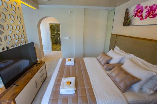 a bedroom with a large bed and a flat screen tv at Villa Rose in Sarajevo