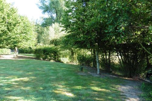 a green yard with a tree in the middle at Au fil de l'eau in Conchy-sur-Canche