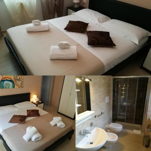 two pictures of a hotel room with a bed and a bathroom at B&B Villa degli Angeli in Praia a Mare