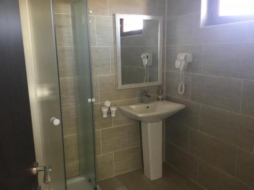 a bathroom with a sink and a shower with a mirror at Casa Lacul Sarat in Techirghiol