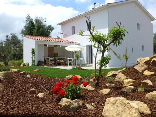 a white house with a yard with red flowers at Casa do Olival in Figueiró dos Vinhos