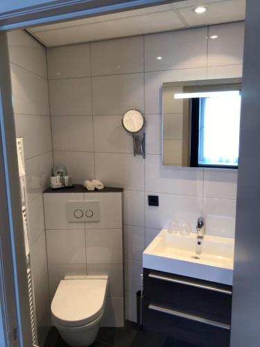 a bathroom with a toilet and a sink and a mirror at De Eenhoorn in Oostburg