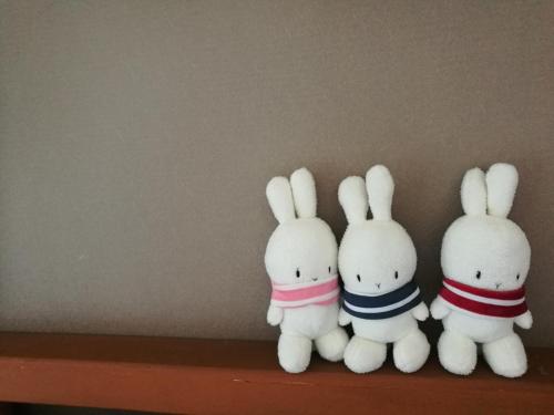 three stuffed rabbits are sitting on a shelf at NT House in Chiang Rai