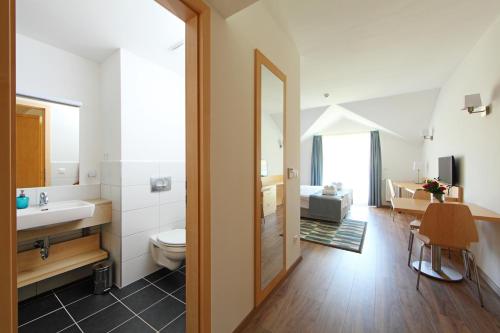 バラトンフレドにあるHoliday Exclusive Apartman Balatonfüredのバスルーム(トイレ、洗面台、鏡付)