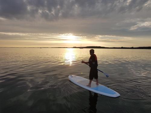 a person standing on a paddle board in the water at Klintholm Marina Park Cabins in Borre