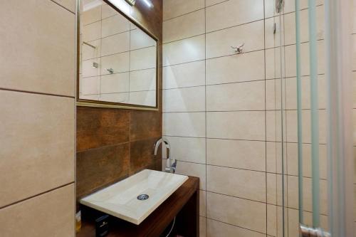 ein Badezimmer mit Waschbecken und Spiegel in der Unterkunft Enjoy Belgrade in Belgrad