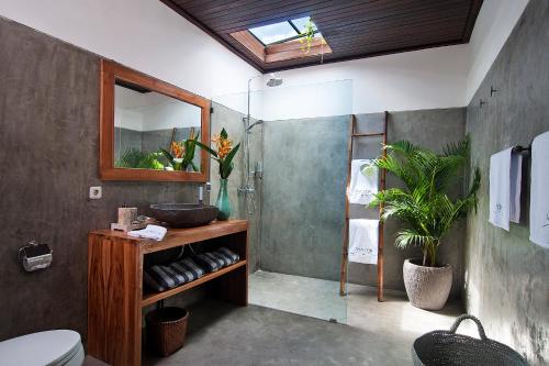 ケロボカンにある3BR Villa Erja - Minggu Villasのバスルーム(シャワー、トイレ、鏡付)