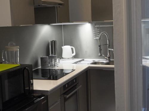 une petite cuisine avec un évier et une cuisinière dans l'établissement Centre Historique Dijon - Le Patio, à Dijon