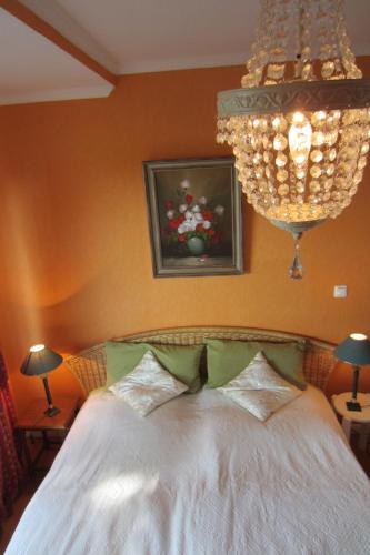 a bedroom with a bed with a chandelier at Exklusive Ferienwohnung Strohberg in Plön