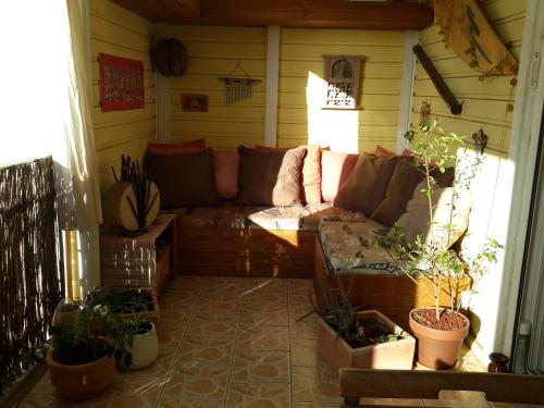 a screened in porch with a couch and potted plants at Chambre d'Hôte Ti coin Tranquille in Saint-Leu