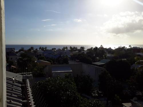 a view of a city with the ocean in the background at Chambre d'Hôte Ti coin Tranquille in Saint-Leu