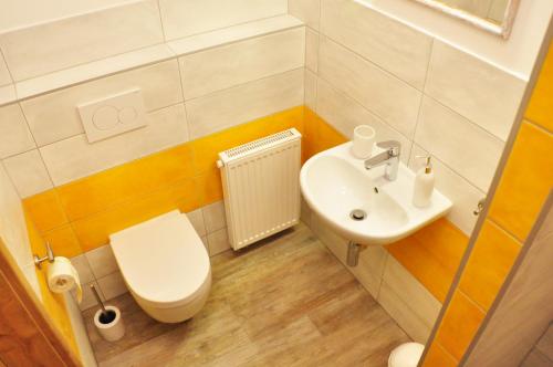 a bathroom with a toilet and a sink at Ubytování U Janča in Lednice