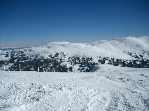 a snow covered mountain with a snow covered mountain at Lärchenhof Apartment Nr 8 in Innerkrems