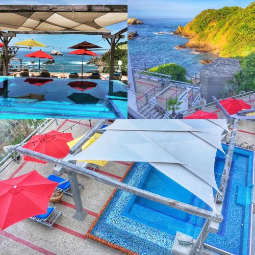 a collage of three pictures of a pool with umbrellas at Villa Aikia (Adults Suites A/C) in Zipolite