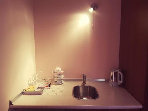a kitchen counter with a sink in a room at Yiannis Apartments in Ioannina