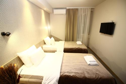 a hotel room with two beds and a television at Garni Hotel Mlinarev san in Arilje