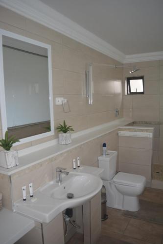 a bathroom with a white sink and a toilet at Beach Retreat Guesthouse in Amanzimtoti