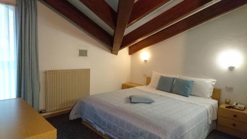 a bedroom with a bed with a blue pillow on it at Albergo Stella Alpina in Molveno