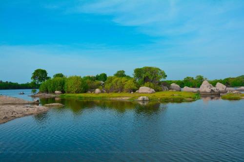 a small island in the middle of a lake at Riva del Sole Guest House in Arugam Bay