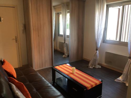 - un salon avec un miroir et un canapé dans l'établissement Appartement vue sur lac, à Gérardmer