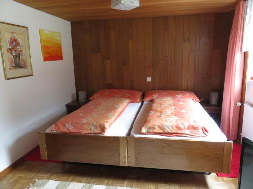 2 Betten in einem Zimmer mit holzgetäfelten Wänden in der Unterkunft Studio-Ferienwohnung Hans Fässler in Appenzell