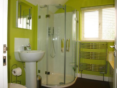 a green bathroom with a sink and a shower at Orchard View B&B in Whitminster