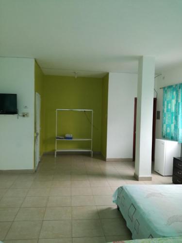 a bedroom with a bed and a green wall at Francisco Habitaciones in Manta