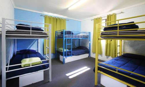 a room with three bunk beds with blue walls and yellow curtains at Aussitel Backpackers in Coffs Harbour