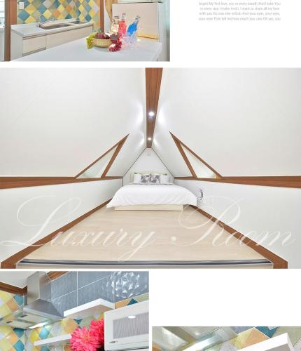 a collage of photos of a bed in a room at Oedo Tour Pension in Geoje 