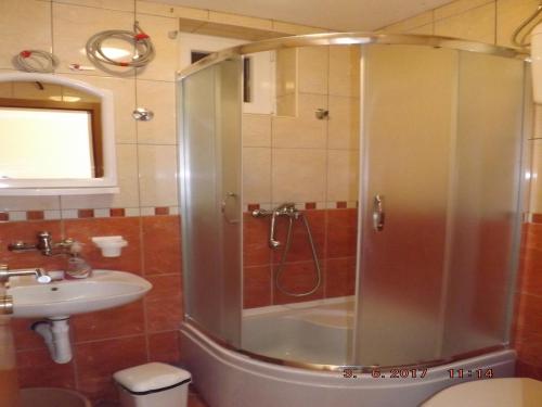 un bagno con doccia e lavandino di Apartments Marija a Divčibare