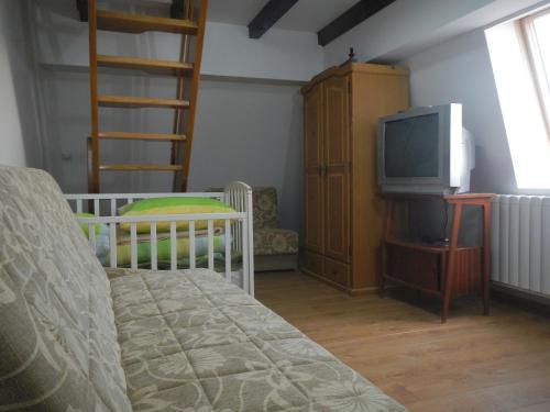 una camera con una culla, una TV e un letto di Apartments Marija a Divčibare
